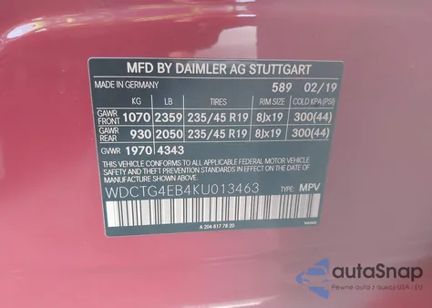 2019 Mercedes-Benz Gla 250 from USA, damaged, VIN WDCTG4EB4KU013463